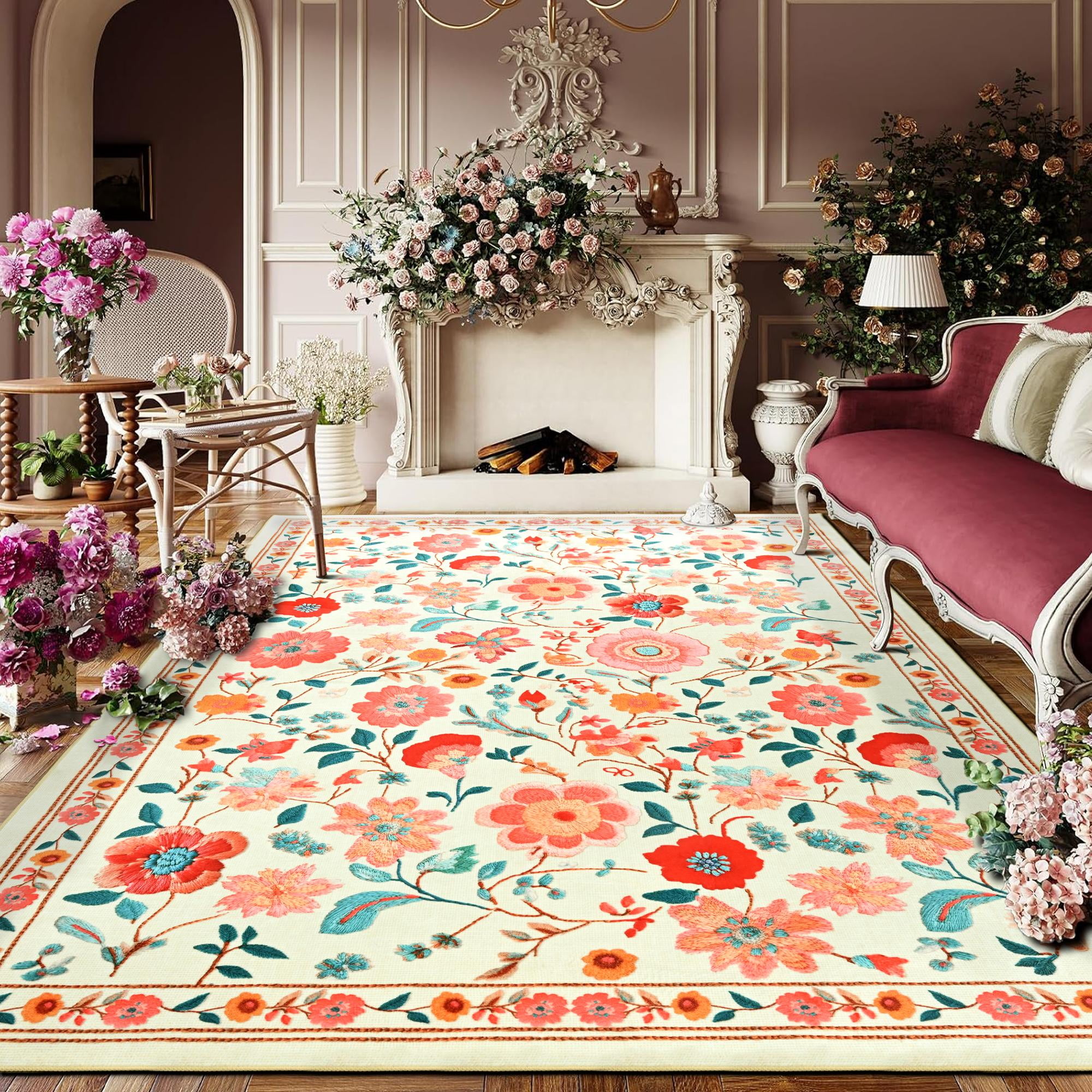 Wondo 8x10 ft Beige Washable Area Rug - Low Pile Non-Slip Bohemian Floral Design for Bedroom, Living Room, Dining Room, Office & Kids Room