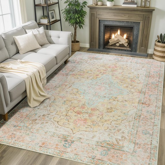 Wondo 9x12 Area Rug Printed Washable Rugs for Living Room Non-Slip Floor Carpet Soft Boho Vintage Rug Low Pile Water Repellent for Bedroom,Entryway,Kitchen,Indoor, Orange