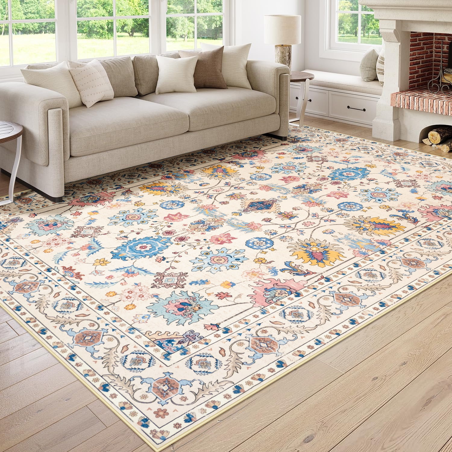 Wondo 9x12 Vintage Bohe Washable Beige Area Rug for Living Room, Bedroom, Dining Room, Office, Nursery Anti-slip Easy Care Carpet, Ultra-thin Stain Resistant Indoor Low Pile Carpet