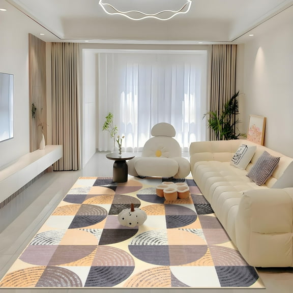 Wondo Abstract Round 4x6 Area Rug - Low Pile Soft & Machine Washable for Living Room, Dining Room, Office, Bedroom, Kids Room - Khaki