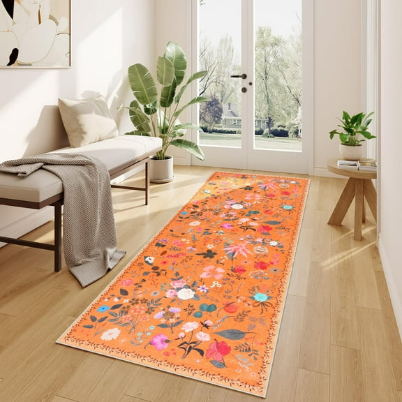 Wondo Anti-Skid Floral Runner Rug 2'x6' with Rubber Backing - Machine Washable Carpet Runner for Hallways, Kitchen, Bedroom, Bathroom & Laundry Room (Orange)