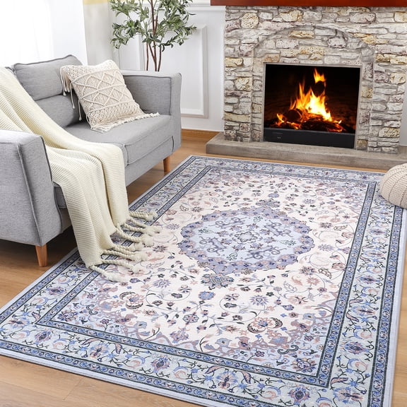 Wondo Bohemian Machine Washable Area Rug for Living Room, Blue, 4' x 6'