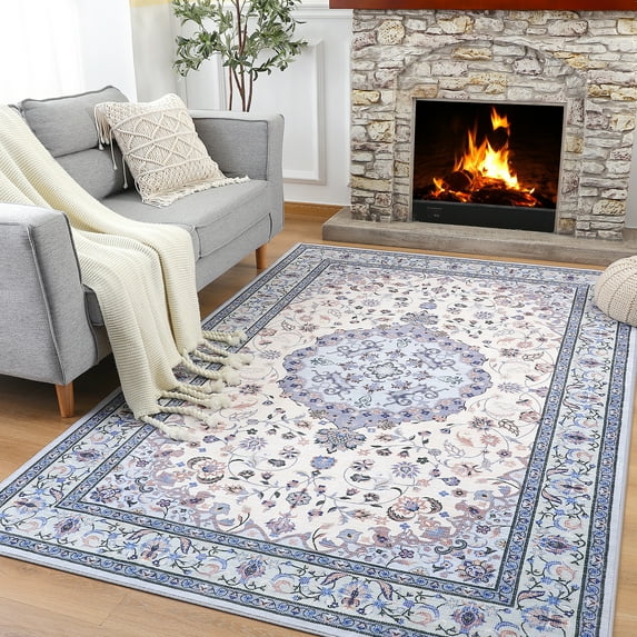 Wondo Bohemian Machine Washable Area Rug for Living Room, Blue, 5' x 8'