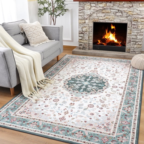 Wondo Bohemian Machine Washable Area Rug for Living Room, Green, 4' x 6'