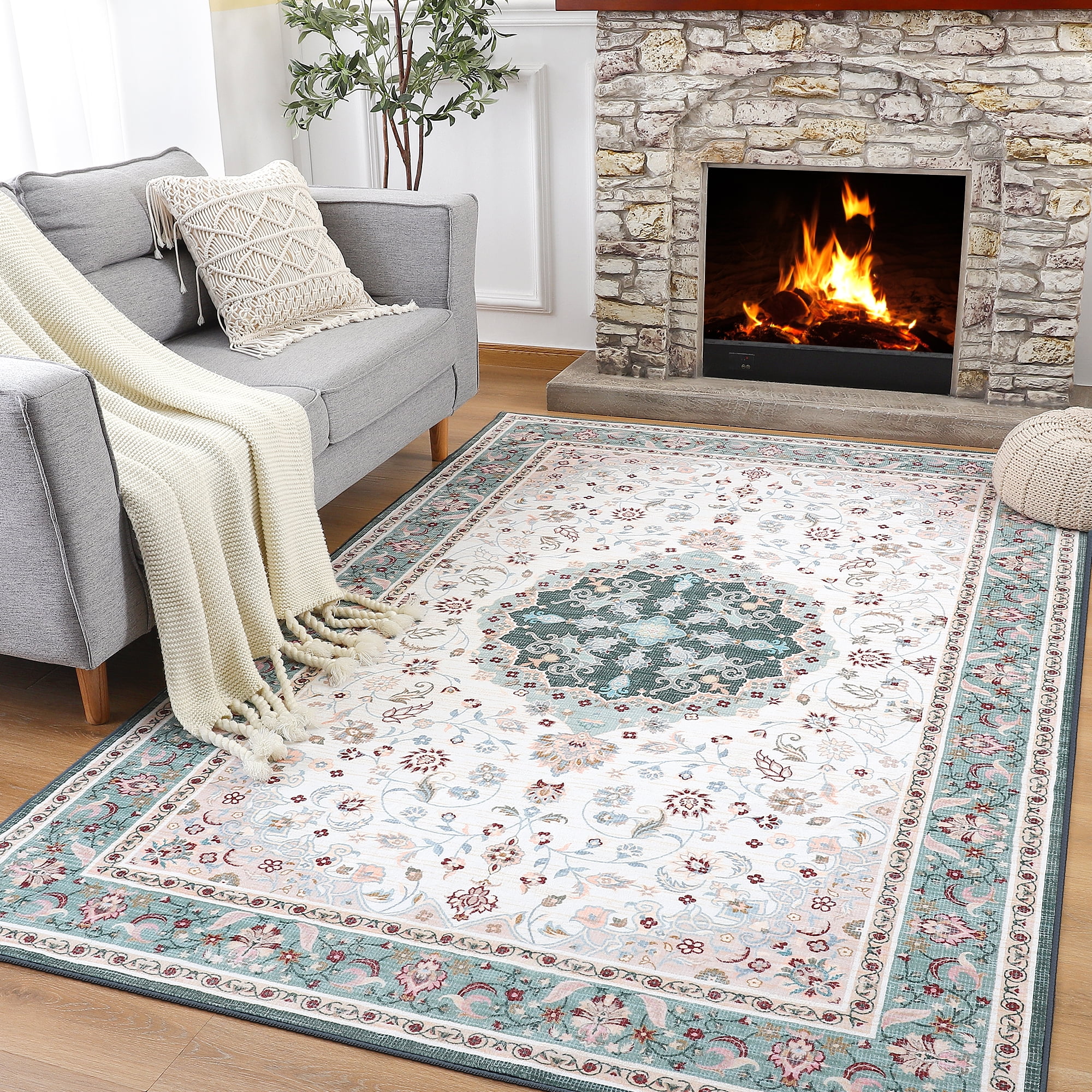 Wondo Bohemian Machine Washable Area Rug for Living Room, Green, 6' x 9'