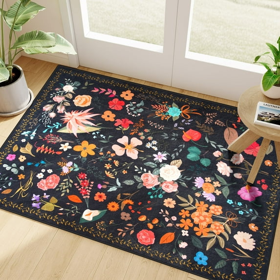 Wondo Boho Floral Anti-Skid Door Mat 2'x3' Indoor Machine Washable Low Pile Rug - Entryway Kitchen Mat, Front Door Floor Mats for Kids Room, Entry & Indoor Spaces (Black)