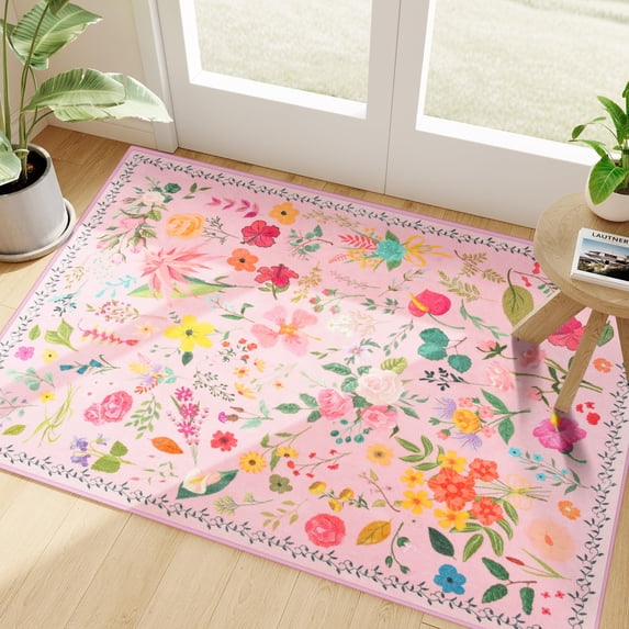 Wondo Boho Floral Anti-Skid Door Mat 2'x3' Indoor Machine Washable Low Pile Rug - Entryway Kitchen Mat, Front Door Floor Mats for Kids Room, Entry & Indoor Spaces (Pink)