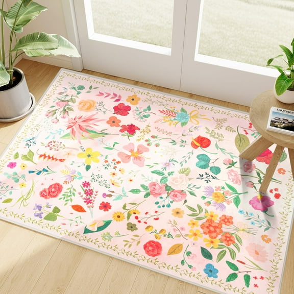 Wondo Boho Floral Anti-Skid Door Mat 2'x3' Indoor Machine Washable Low Pile Rug - Entryway Kitchen Mat, Front Door Floor Mats for Kids Room, Entry & Indoor Spaces (Beige)