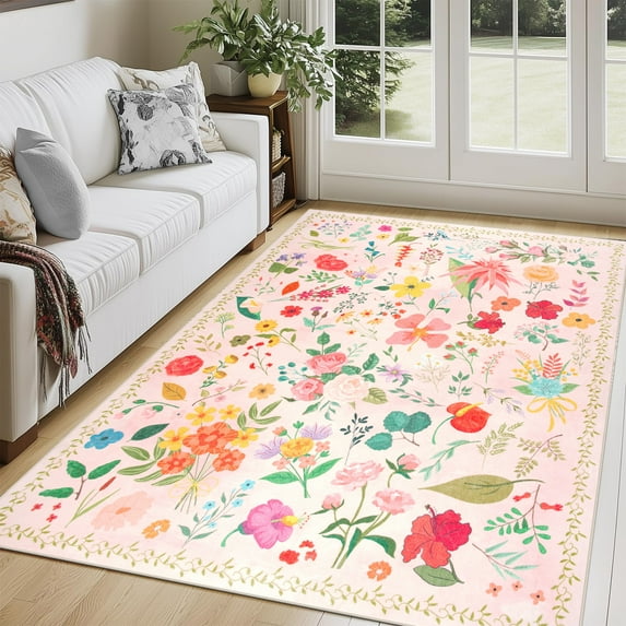 Wondo Boho Floral Non-Slip 4'x6' Area Rug - Machine Washable Low Pile Indoor Carpet for Bedroom, Kids Room, Office & Dining Spaces (Beige)