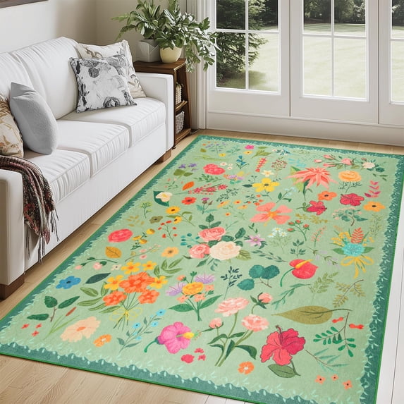 Wondo Boho Floral Vintage Non-Slip 5'x7' Area Rug - Machine Washable Low Pile Carpet for Living Room, Bedroom, Dining Room & Farmhouse Decor (Green)