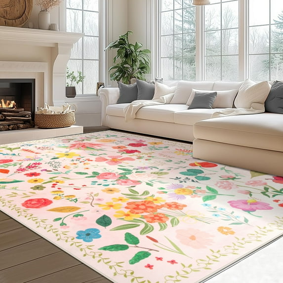 Wondo Boho Floral Vintage Non-Slip 6'x9' Area Rug - Machine Washable Low Pile Carpet for Living Room, Bedroom, Dining Room & Farmhouse Decor (Beige)