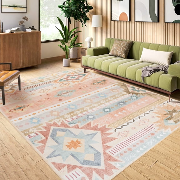 Wondo Boho Moroccan Beige Rug 5x8 Ft - Geometric Non-Slip Carpet, Throw Rugs Machine Washable Indoor Floor Mat for Bedroom, Living Room, Nursery