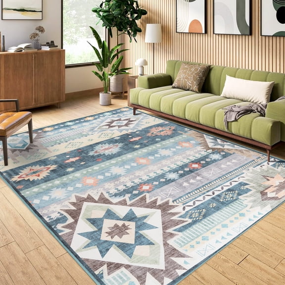 Wondo Boho Moroccan Blue Rug 4x6 Ft - Geometric Non-Slip Carpet, Throw Rugs Machine Washable Indoor Floor Mat for Bedroom, Living Room, Nursery
