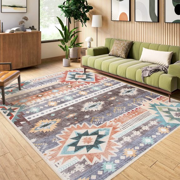 Wondo Boho Moroccan Brown Rug 4x6 Ft - Geometric Non-Slip Carpet, Throw Rugs Machine Washable Indoor Floor Mat for Bedroom, Living Room, Nursery