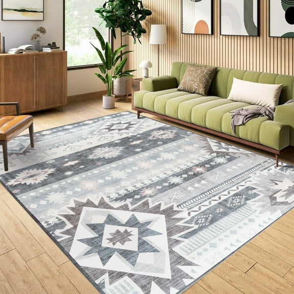 Wondo Boho Moroccan Light Gray Rug 6x9 Ft - Geometric Non-Slip Carpet, Throw Rugs Machine Washable Indoor Floor Mat for Bedroom, Living Room, Nursery