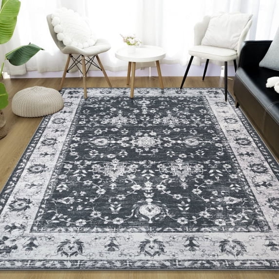 Wondo Boho Vintage 4x6 Feet Area Rug Low-Pile Soft Stain-Resistant Carpet for Living Room, Bedroom, Dining Room Black with Non-Slip Backing