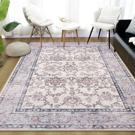 Wondo Boho Vintage 8x10 Feet Area Rug Low-Pile Soft Stain-Resistant Carpet for Living Room, Bedroom, Dining Room Grayish Purple with Non-Slip Backing