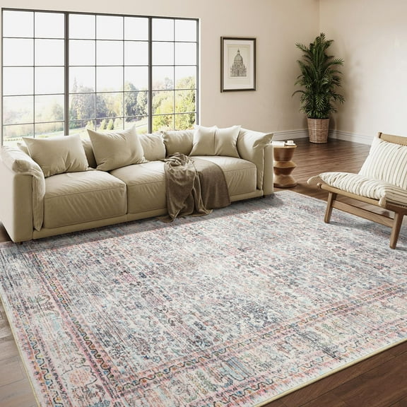 Wondo Floral Washable Rugs, 4x6 Area Rug for Living Room, Soft Large Boho Bedroom Rug, Botanical Non Slip Ultra Thin Floor Carpet for Dining Room Nursery Office, Light Pink