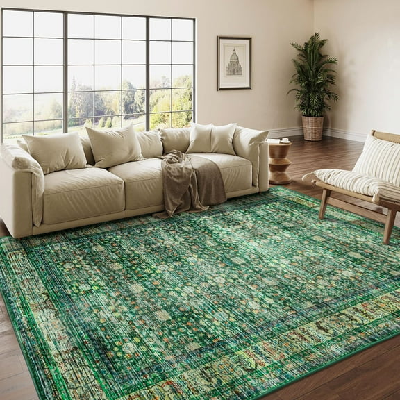 Wondo Floral Washable Rugs, 4x6 Area Rug for Living Room, Soft Large Boho Bedroom Rug, Botanical Non Slip Ultra Thin Floor Carpet for Dining Room Nursery Office, Green
