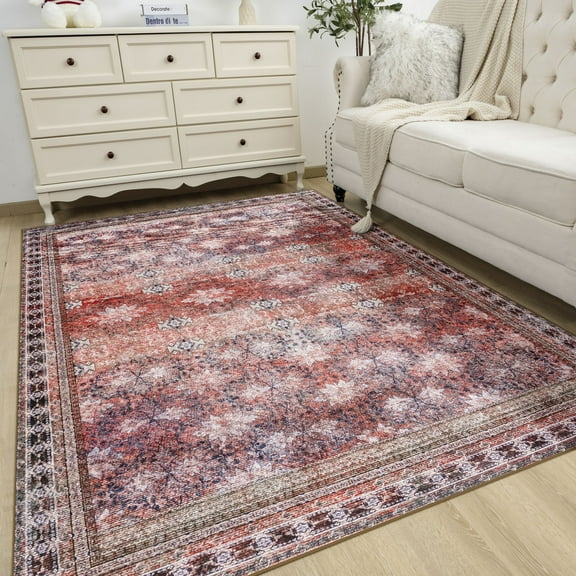 Wondo Floral Washable Rugs, 4x6 Area Rug for Living Room, Soft Large Boho Bedroom Rug, Botanical Non Slip Ultra Thin Floor Carpet for Dining Room Nursery Office, Dark Red