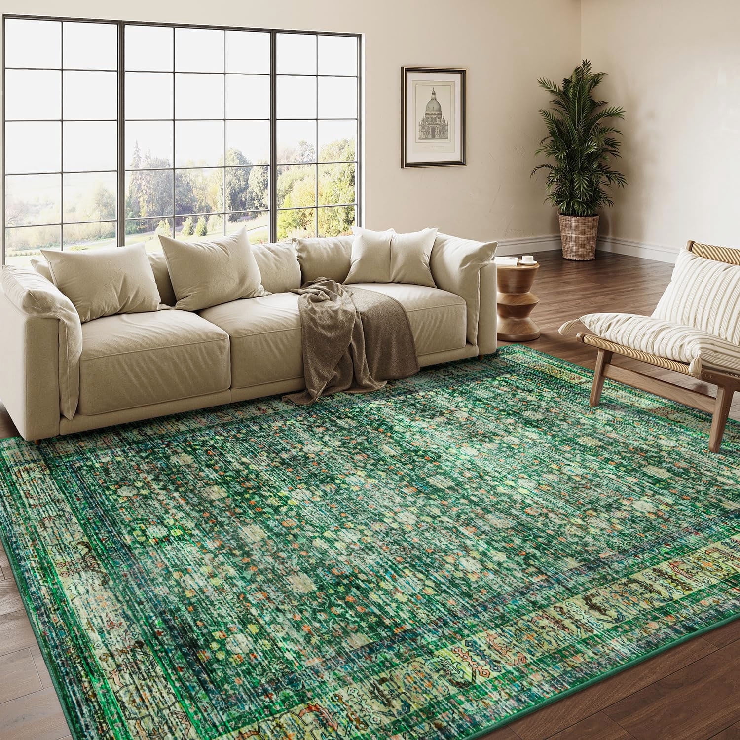 Wondo Floral Washable Rugs, 4x6 Area Rug for Living Room, Soft Large Boho Bedroom Rug, Botanical Non Slip Ultra Thin Floor Carpet for Dining Room Nursery Office, Green