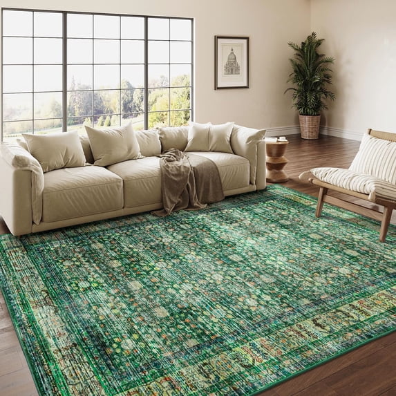 Wondo Floral Washable Rugs, 4x6 Area Rug for Living Room, Soft Large Boho Bedroom Rug, Botanical Non Slip Ultra Thin Floor Carpet for Dining Room Nursery Office, Green