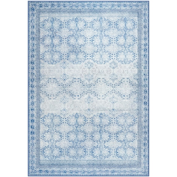 Wondo Floral Washable Rugs, 4x6 Area Rug for Living Room, Soft Large Boho Bedroom Rug, Botanical Non Slip Ultra Thin Floor Carpet for Dining Room Nursery Office, Light Blue