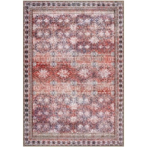 Wondo Floral Washable Rugs, 5x8 Area Rug for Living Room, Soft Large Boho Bedroom Rug, Botanical Non Slip Ultra Thin Floor Carpet for Dining Room Nursery Office, Dark Red