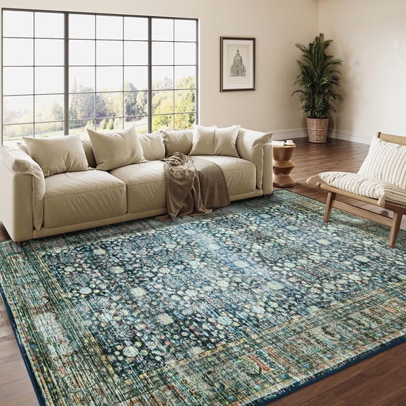 Wondo Floral Washable Rugs, 6x9 Area Rug for Living Room, Soft Large Boho Bedroom Rug, Botanical Non Slip Ultra Thin Floor Carpet for Dining Room Nursery Office, Yellow