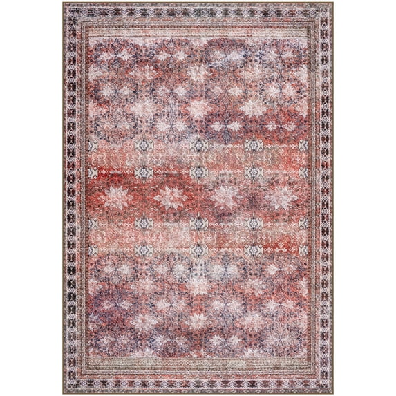 Wondo Floral Washable Rugs, 6x9 Area Rug for Living Room, Soft Large Boho Bedroom Rug, Botanical Non Slip Ultra Thin Floor Carpet for Dining Room Nursery Office, Dark Red