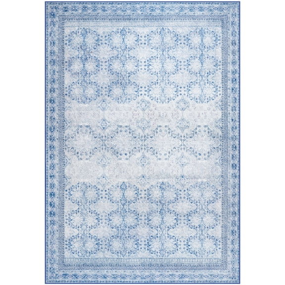 Wondo Floral Washable Rugs, 6x9 Area Rug for Living Room, Soft Large Boho Bedroom Rug, Botanical Non Slip Ultra Thin Floor Carpet for Dining Room Nursery Office, Light Blue