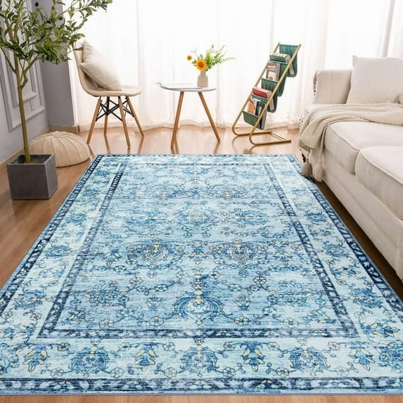 Wondo Low-Pile Vintage Carpet, Boho Area Rugs for Living Room Bedroom Kitchen, Blue, 6' x 9'