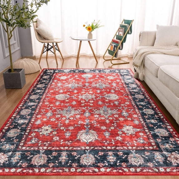 Wondo Low-Pile Vintage Carpet, Boho Area Rugs for Living Room Bedroom Kitchen, Red, 5' x 8'