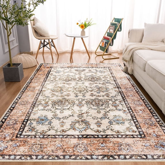 Wondo Low-Pile Vintage Carpet, Boho Area Rugs for Living Room Bedroom Kitchen, Tan, 4' x 6'