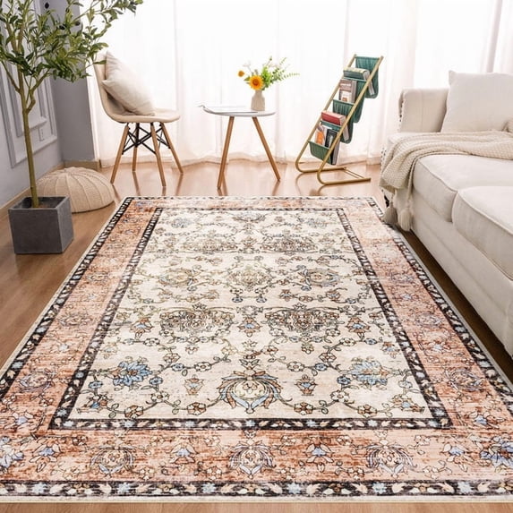 Wondo Low-Pile Vintage Carpet, Boho Area Rugs for Living Room Bedroom Kitchen, Tan, 8' x 10'