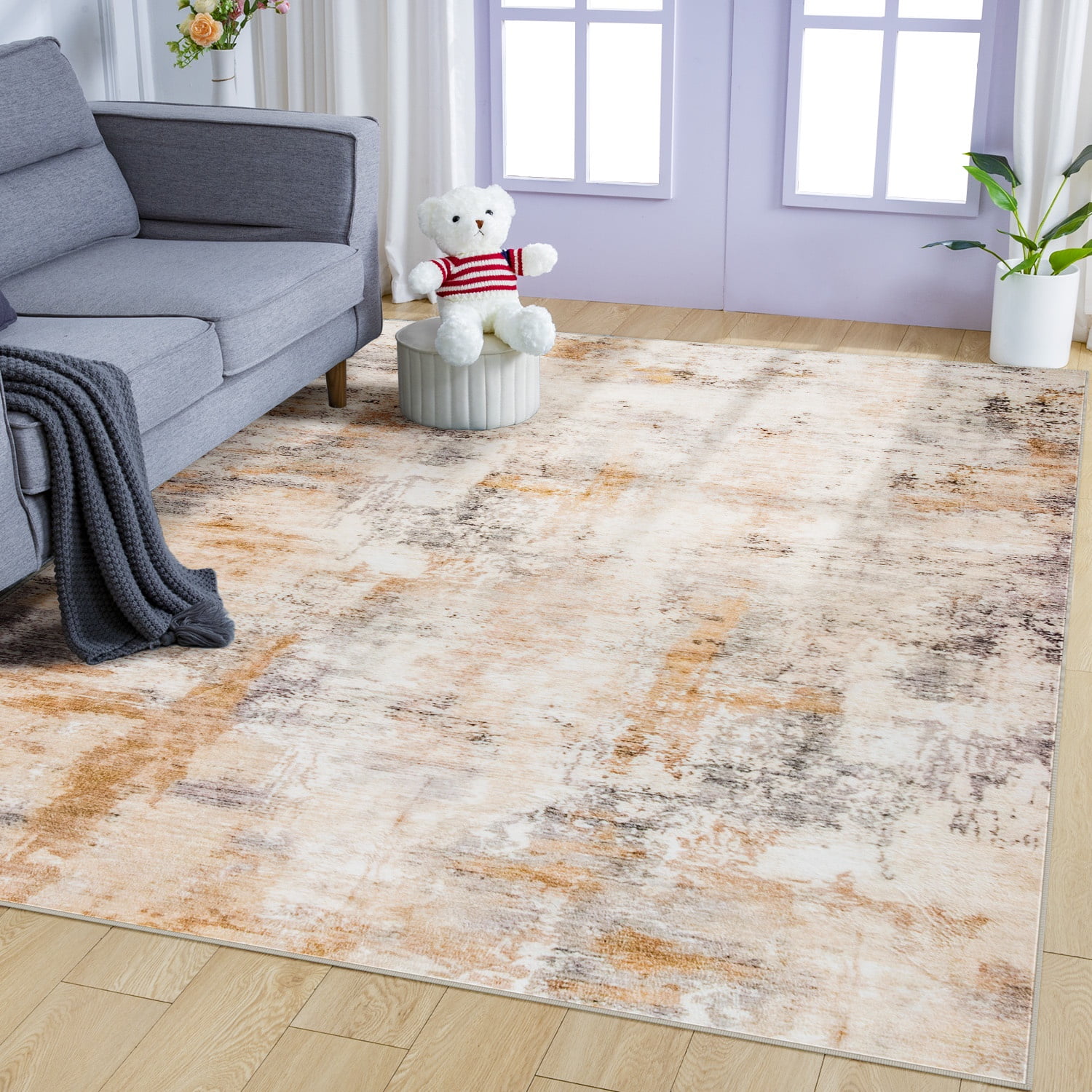 Wondo Modern Abstract Area Rugs 4x6, Washable Rugs for Living Room Soft Rugs for Bedroom, Khaki
