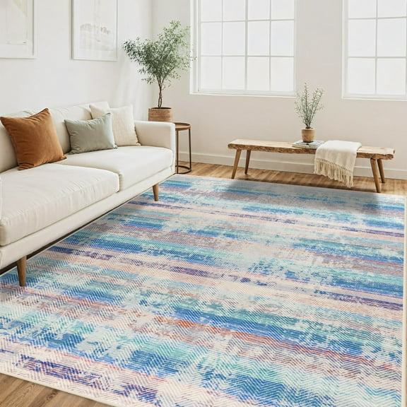 Wondo Moroccan 4x6 Area Rug ,Soft Ultra Thin Aesthetic Striped Carpet Indoor Decor for Bedroom Office Classroom ,Blue
