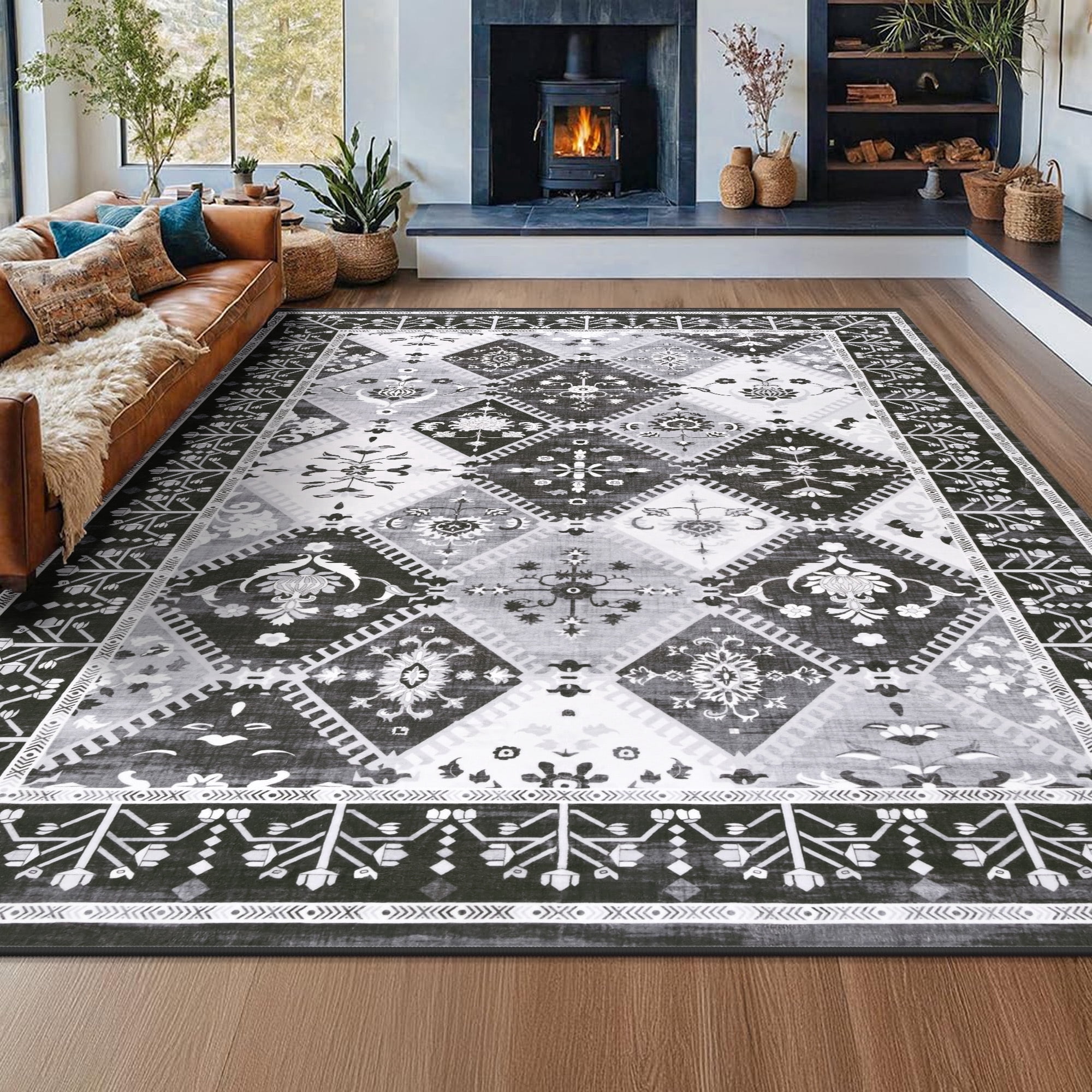 Wondo Moroccan Vintage Trellis Area Rug - Machine Washable Non-Slip Low-Profile 4x6 Floor Carpet for Living Room, Bedroom, Dining Room, Office & Nursery, Black