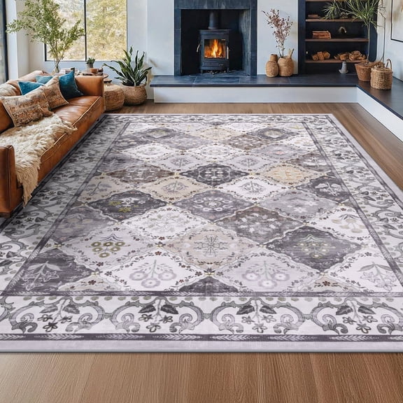 Wondo Moroccan Vintage Trellis Area Rug - Machine Washable Non-Slip Low-Profile 4x6 Floor Carpet for Living Room, Bedroom, Dining Room, Office & Nursery, Gray