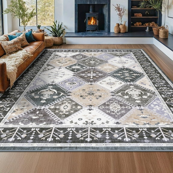 Wondo Moroccan Vintage Trellis Area Rug - Machine Washable Non-Slip Low-Profile 4x6 Floor Carpet for Living Room, Bedroom, Dining Room, Office & Nursery, Gray
