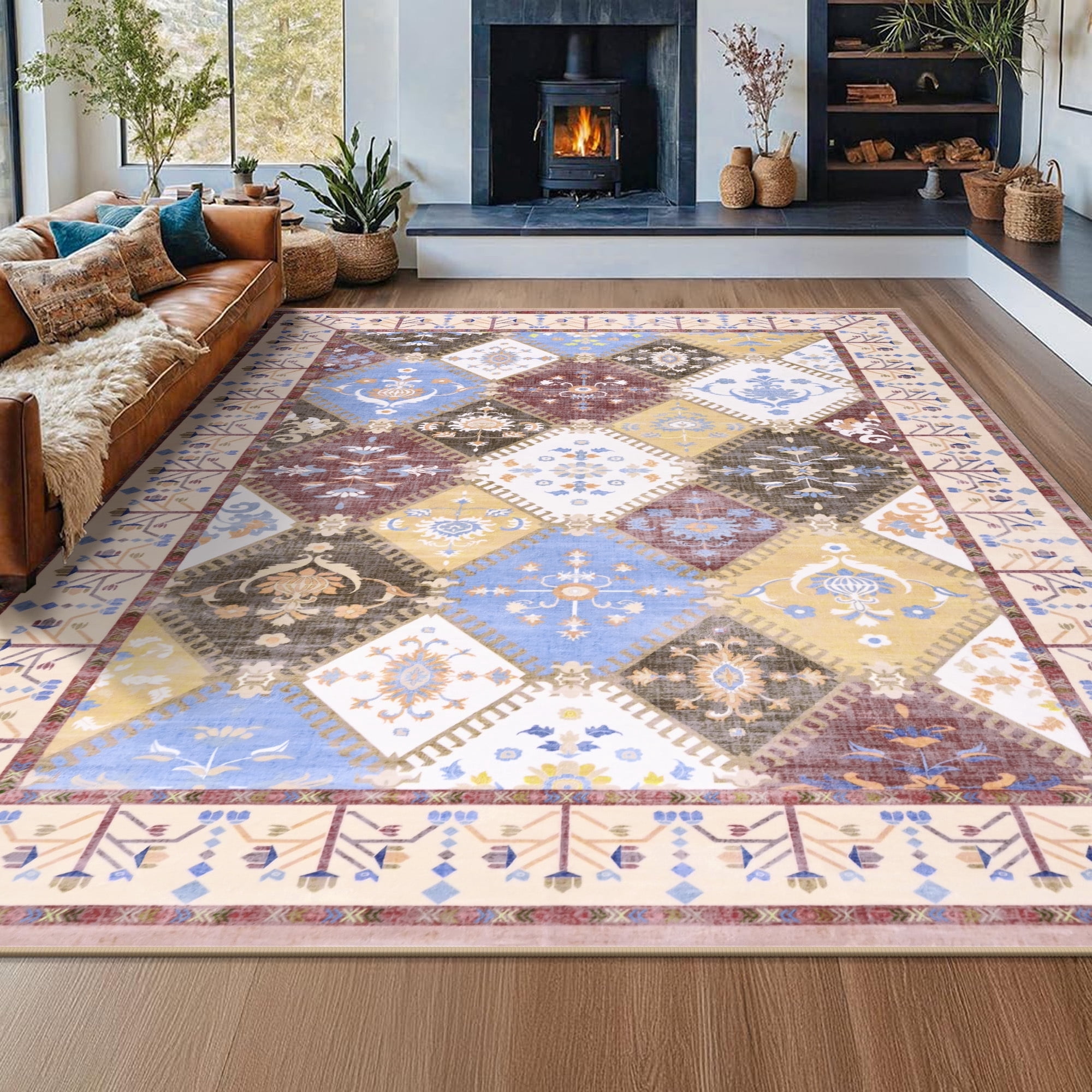 Wondo Moroccan Vintage Trellis Area Rug - Machine Washable Non-Slip Low-Profile 5x8 Floor Carpet for Living Room, Bedroom, Dining Room, Office & Nursery, Brown