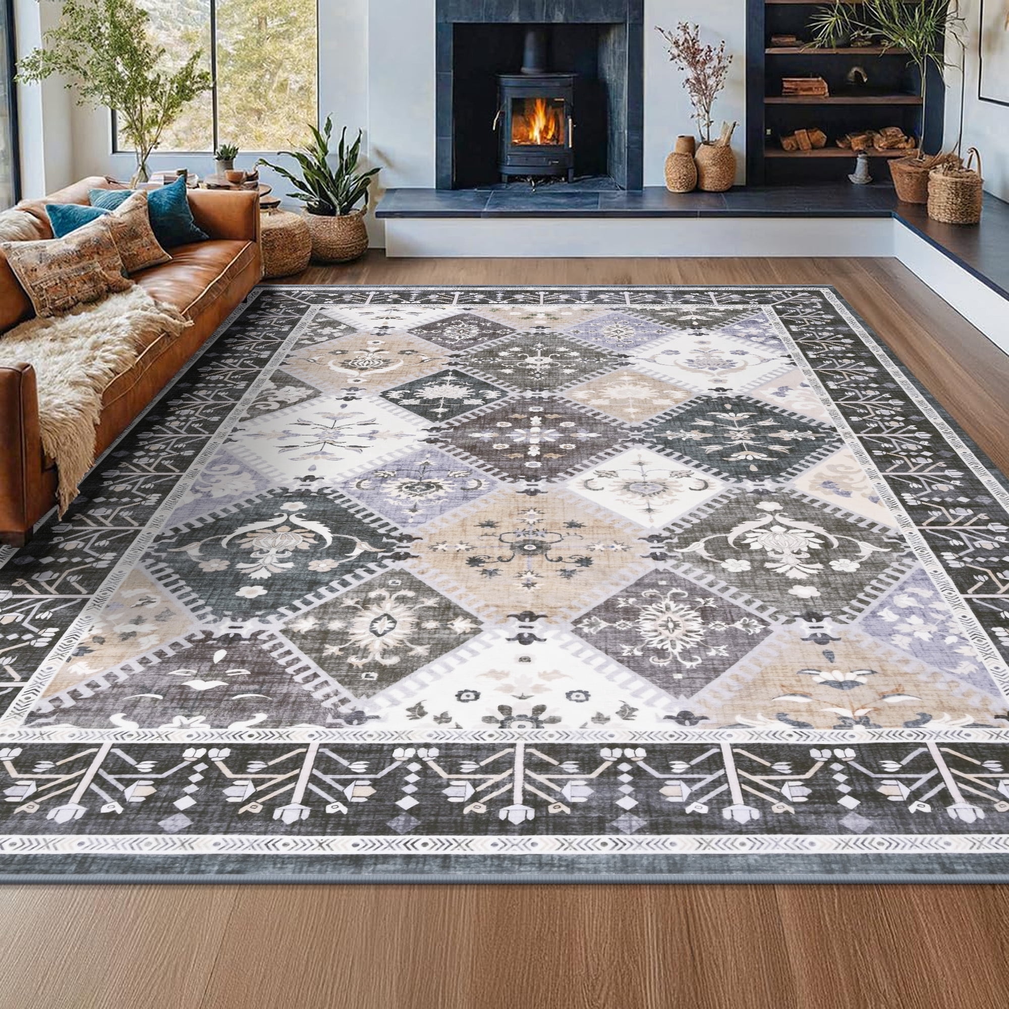 Wondo Moroccan Vintage Trellis Area Rug - Machine Washable Non-Slip Low-Profile 5x8 Floor Carpet for Living Room, Bedroom, Dining Room, Office & Nursery, Gray