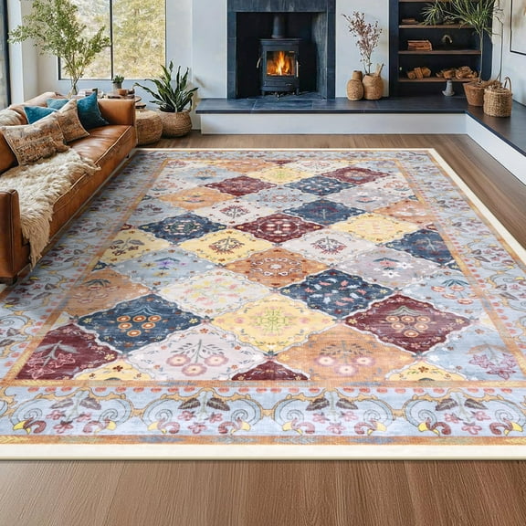 Wondo Moroccan Vintage Trellis Area Rug - Machine Washable Non-Slip Low-Profile 6x9 Floor Carpet for Living Room, Bedroom, Dining Room, Office & Nursery, Blue and Orange