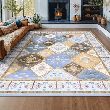 Wondo Moroccan Vintage Trellis Area Rug - Machine Washable Non-Slip Low-Profile 6x9 Floor Carpet for Living Room, Bedroom, Dining Room, Office & Nursery, Blue
