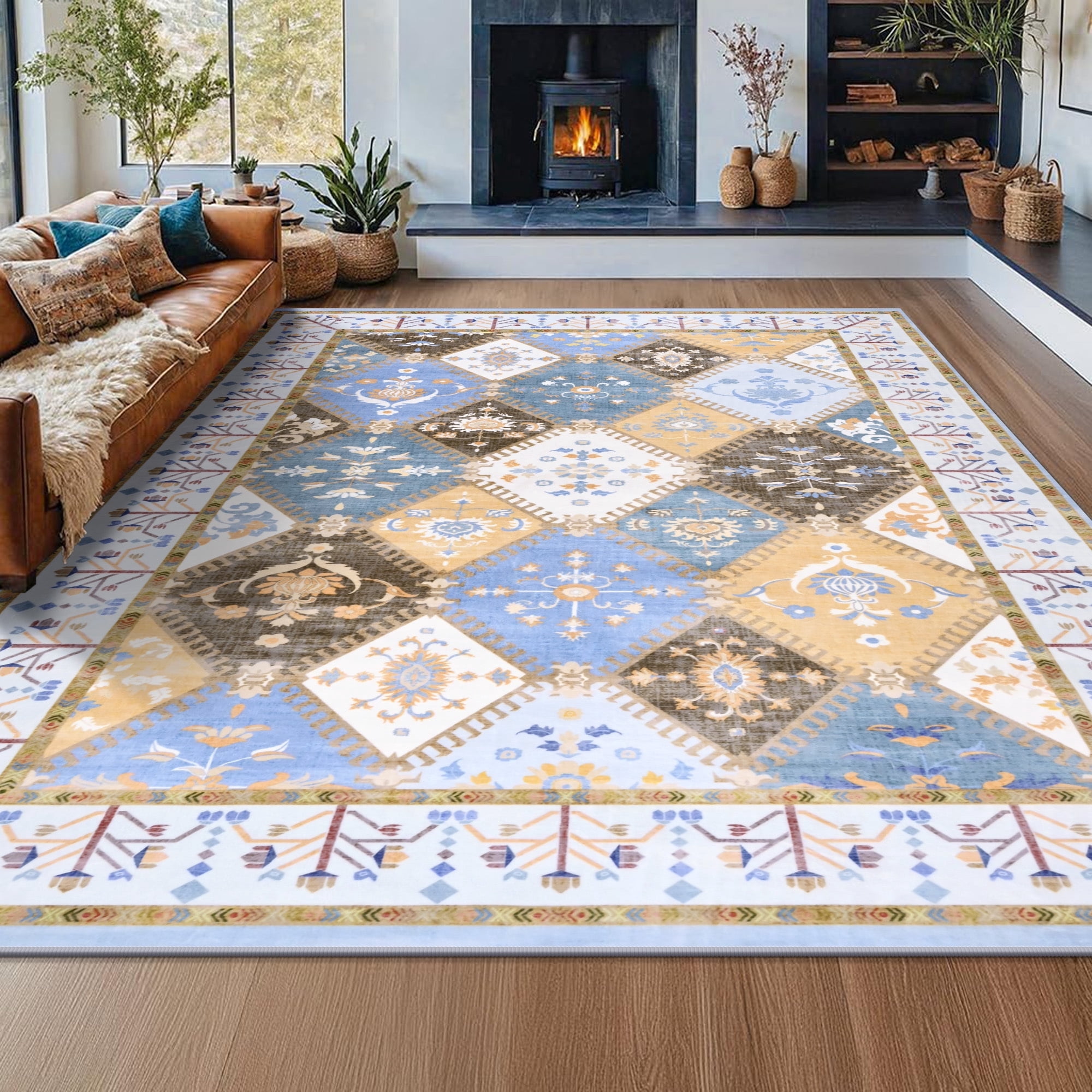 Wondo Moroccan Vintage Trellis Area Rug - Machine Washable Non-Slip Low-Profile 6x9 Floor Carpet for Living Room, Bedroom, Dining Room, Office & Nursery, Blue