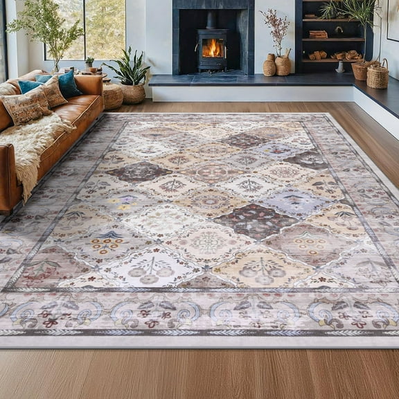 Wondo Moroccan Vintage Trellis Area Rug - Machine Washable Non-Slip Low-Profile 6x9 Floor Carpet for Living Room, Bedroom, Dining Room, Office & Nursery, Brown