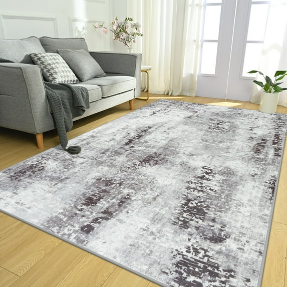 Wondo Washable Abstract Area Rug, 7x10 Gray and Black Modern Living Room Carpet, Non-Slip Non-Shedding Bedroom Rug, Indoor Rugs, Stain Resistant Rug for Dining Room and Dorm