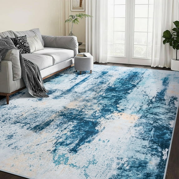 Wondo Washable Abstract Area Rug, 7x10 Navy Modern Living Room Carpet, Non-Slip Non-Shedding Bedroom Rug, Indoor Rugs, Stain Resistant Rug for Dining Room and Dorm