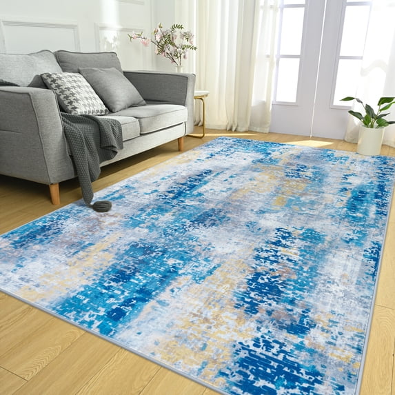 Wondo Washable Abstract Area Rug, 9x11 Navy Modern Living Room Carpet, Non-Slip Non-Shedding Bedroom Rug, Indoor Rugs, Stain Resistant Rug for Dining Room and Dorm