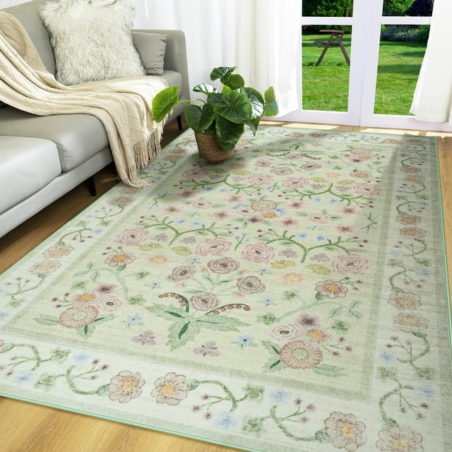 Wondo Washable Area Rug 5x8 - Traditional Floral Living Room Rug Stain Resistant Soft Bedroom Rug, For Under Table Living Room Indoor Rug, Green